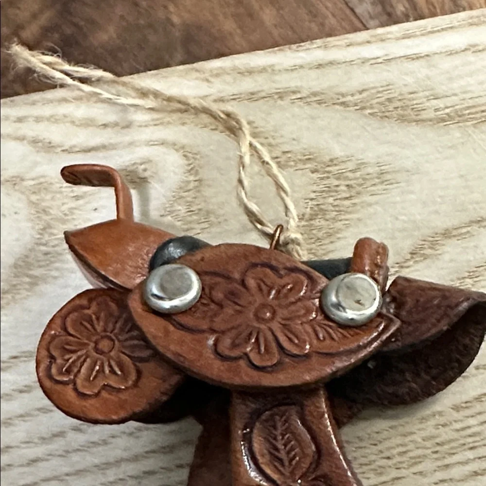 Western Brown‎ Tooled Leather Cowboy Hat & Saddle Christmas Ornaments Set Of 2
